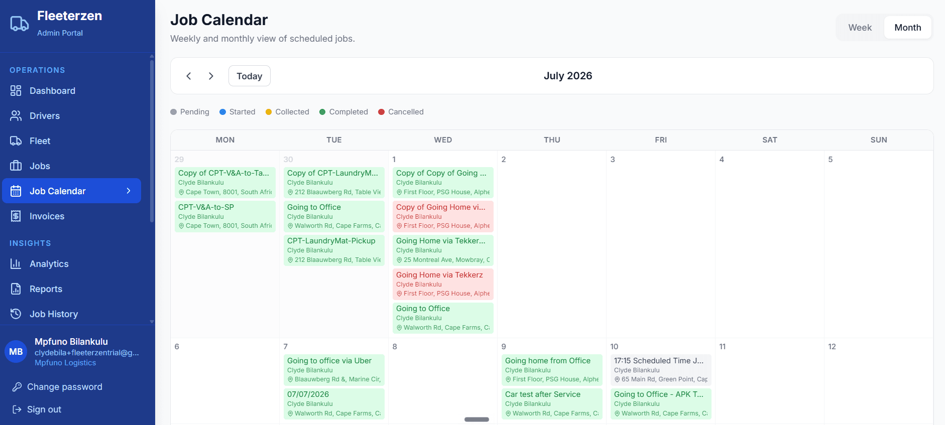 Job calendar, colour-coded by status