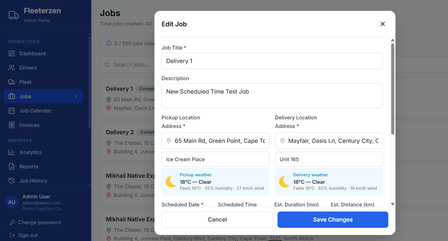 Job editor with address autocomplete and live weather