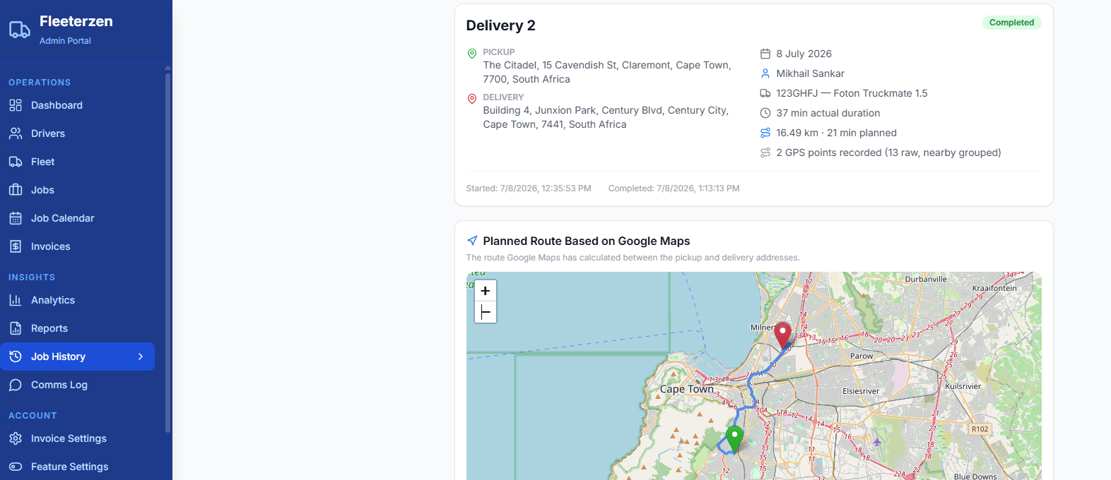 Completed job with GPS trail and the planned Google Maps route